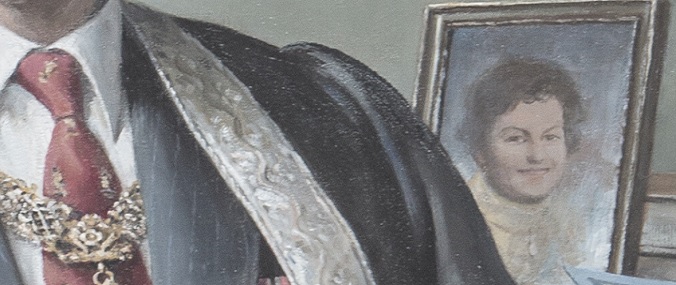 A painting displaying a framed picture of a woman behind a man's shoulder