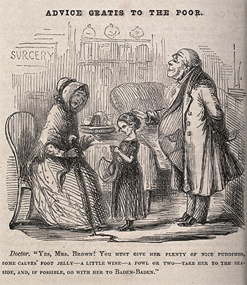 A wealthy ignorant doctor recommending expensive foods and cures to a very poor woman for her sick child (Wellcome Collection, undated, 19th century)