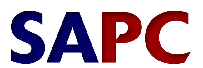 SAPC logo with blue and red lettering