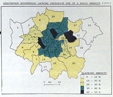 A 1971 map of Greater London showing boroughs shaded by the percentage of households lacking a basic amenity, with central areas showing the highest levels of deprivation.