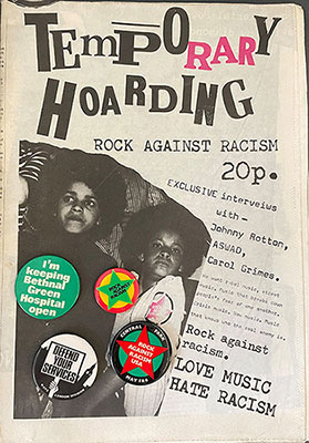 An early issue of Temporary Hoarding magazine, c. 1977 alongside some of David Widgery’s activist badges (with thanks to Juliet Ash)
