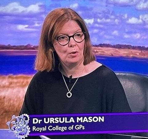 Ursula Mason speaking in an interview on TV. A description displays her name and "Royal College of GPs"