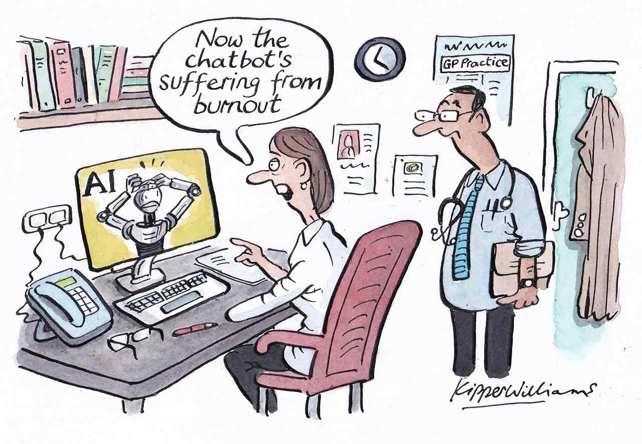 A satirical cartoon of two doctors in an office looking at a desktop computer, with one exclaiming "Now the chatbot's suffering from burnout."
