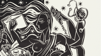 A black and white drawing of a woman with flowing long hair holding a pen and phone. 