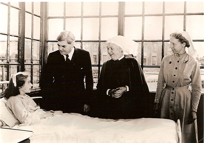 Black and white photograph from 5 July 1948 showing Aneurin Bevan, Minister of Health, at Park Hospital in Davyhulme, near Manchester, marking the first day of the National Health Service. Aneurin Bevan, Minister of Health, on the first day of the NHS at Park Hospital, Davyhulme, 5 July 1948