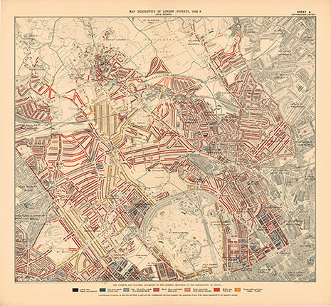 Historical map by Charles Booth (1898-89) depicting the North Western District of London, including areas like Camden, Hampstead, Westminster, and Regent's Park, color-coded to represent varying levels of poverty and affluence.