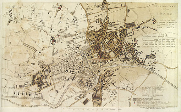 Historic map showing the living conditions of the poor in urban areas during the industrial revolution, highlighting issues of sanitation and public health.