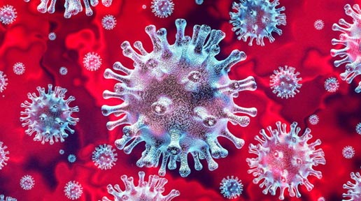 Silver-blue COVID-19 particles float in red blood.