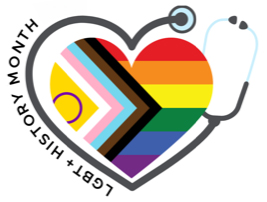 An LGBT+ History Month rainbow badge in the shape of a heart with a stethoscope representing medics celebrating the month.