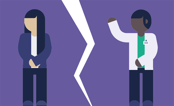 A graphic image depicting a divide or conflict between two workers. 