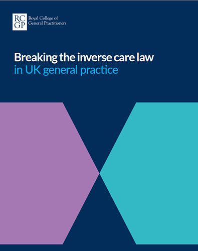 Cover of a report by the Royal College of General Practitioners titled "Breaking the inverse care law in UK general practice." The design features a dark blue background with a purple and teal hexagon pattern.