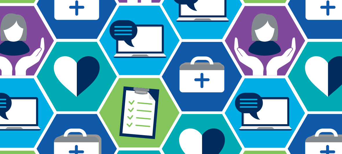 A graphic image depicting medical symbols within hexagonal tiles.