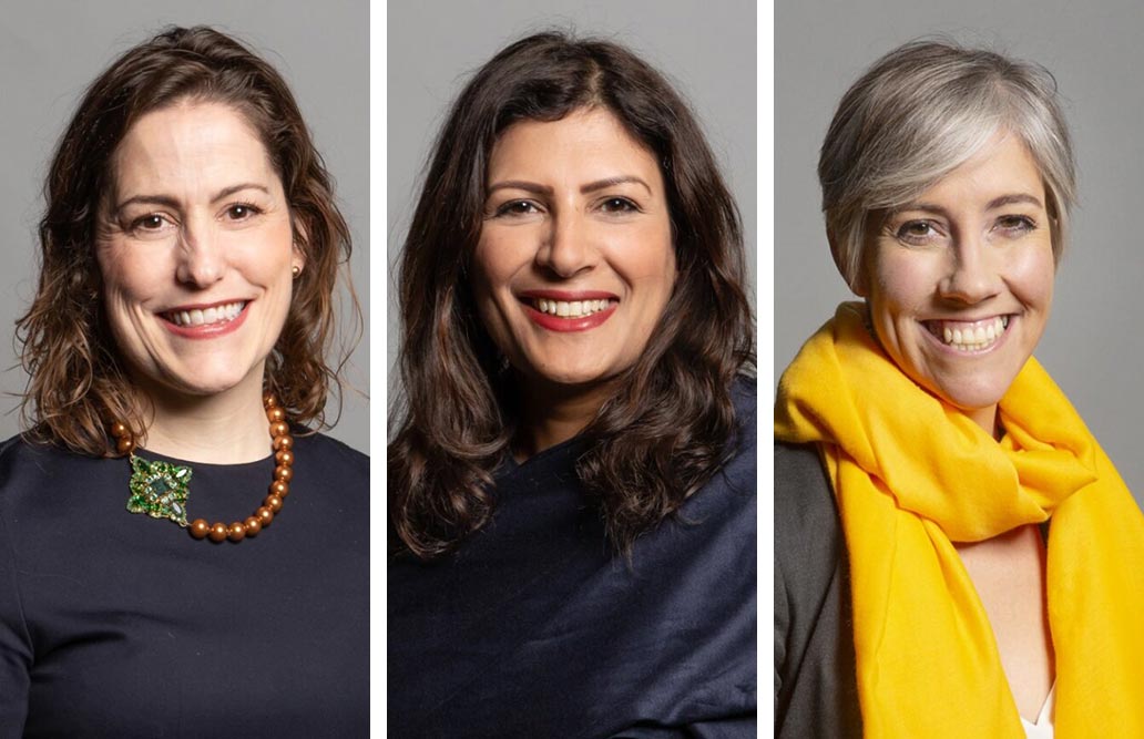 Professional photos of three female MPs smiling at the camera.